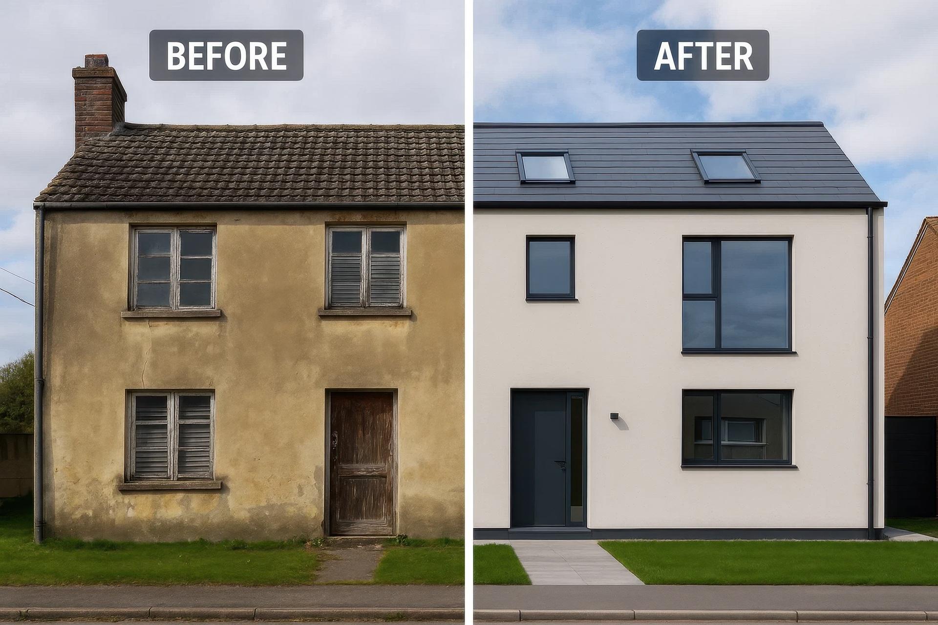 Haus im Vorher-Nachher-Vergleich nach umfassender Sanierung | Terrassenüberdachung